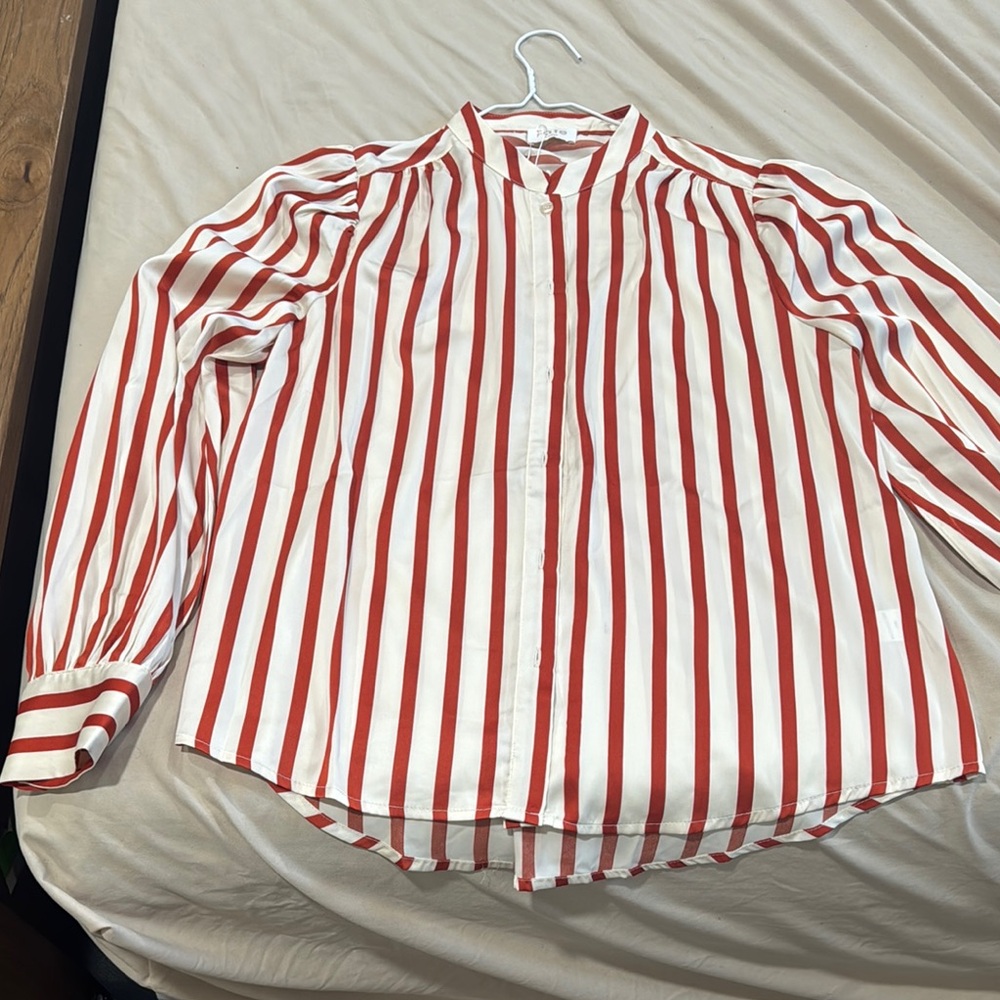 Red and White Striped Satin Blouse